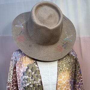 Wool Tan Hobo Hat with Colorful Embellishments